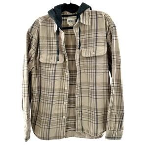 American Eagle NWT Beige & Gray Hooded Flannel Long Sleeve Button Up Shirt